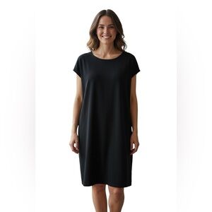 EILEEN FISHER Black Short Sleeve Cotton Dress with Side Zips Large cap sleeves